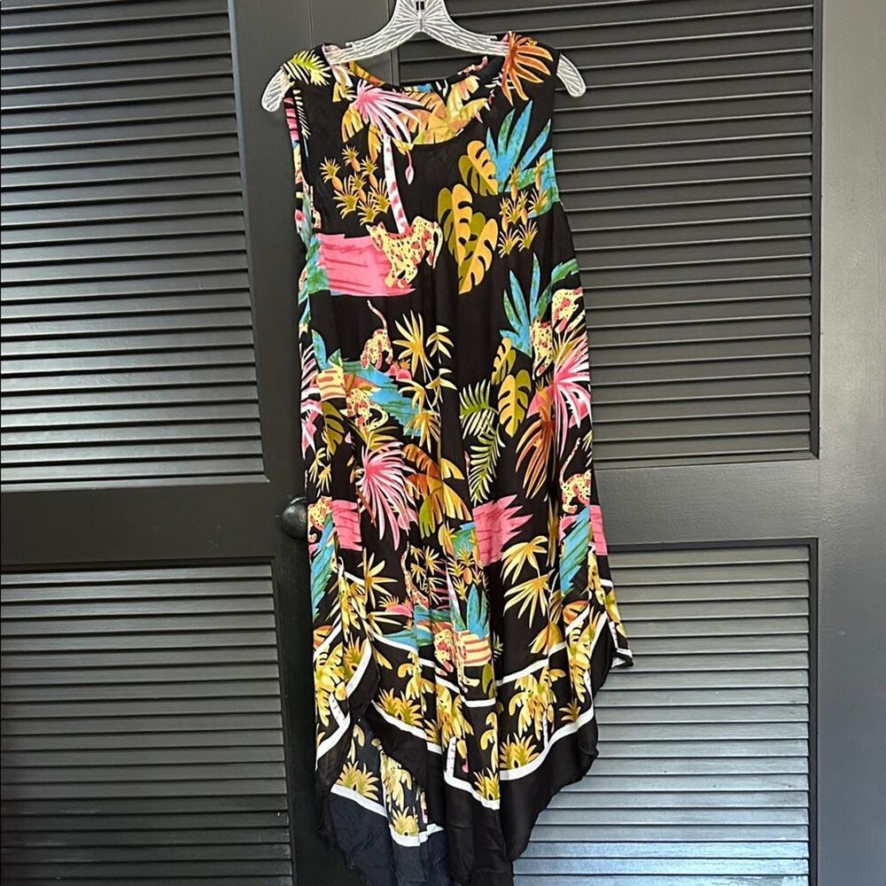 Colorful Jungle Print Sleeveless Trapeze Dress, Size Medium